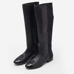 Pre Owned Tory Burch Black Leather Cap Toe Mid Calf Boots Size 39.5