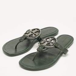 Pre Owned Tory Burch Green Leather Crystals Knotted Miller Thong Flats Size 39