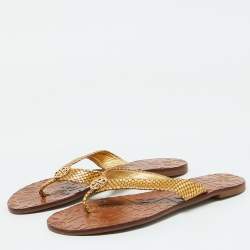 Tory Burch Gold Snakeskin Embossed Leather Monroe Thong Flats Size 37