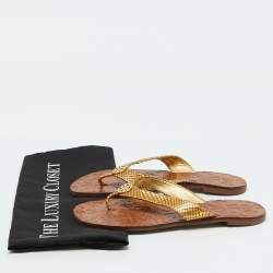 Tory Burch Gold Snakeskin Embossed Leather Monroe Thong Flats Size 37