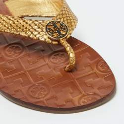 Tory Burch Gold Snakeskin Embossed Leather Monroe Thong Flats Size 37