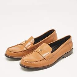 Tory Burch Brown Leather Classic Logo Plaque Loafers Size 39