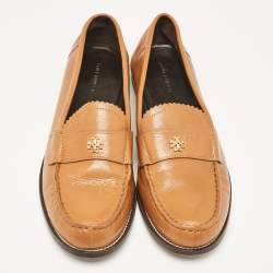 Tory Burch Brown Leather Classic Logo Plaque Loafers Size 39