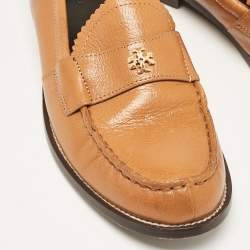 Tory Burch Brown Leather Classic Logo Plaque Loafers Size 39