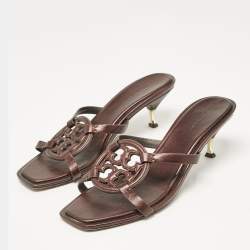 Pre Owned Tory Burch Brown Leather Miller Bombe Slide Sandals Size 39.5