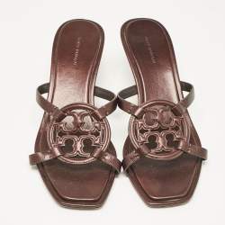 Pre Owned Tory Burch Brown Leather Miller Bombe Slide Sandals Size 39.5