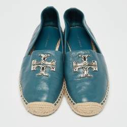 Pre Owned Tory Burch Blue Leather Ines Espadrille Flats Size 38.5