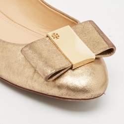 Tory Burch Gold Leather Bow Chase Ballet Flats Size 40.5