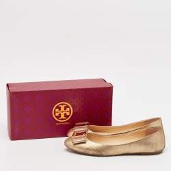 Tory Burch Gold Leather Bow Chase Ballet Flats Size 40.5