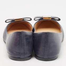 Pre Owned Tory Burch Navy Blue Leather Bow Chase Ballet Flats Size 40.5