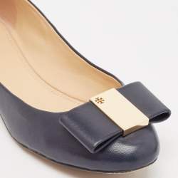 Pre Owned Tory Burch Navy Blue Leather Bow Chase Ballet Flats Size 40.5