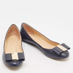 Pre Owned Tory Burch Navy Blue Leather Bow Chase Ballet Flats Size 40.5
