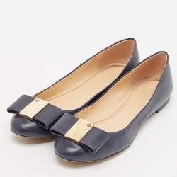 Pre Owned Tory Burch Navy Blue Leather Bow Chase Ballet Flats Size 40.5