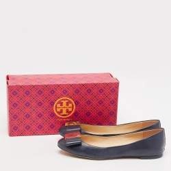 Pre Owned Tory Burch Navy Blue Leather Bow Chase Ballet Flats Size 40.5