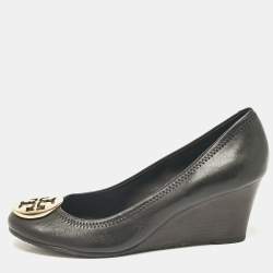 Tory Burch Black Leather Sally Wedge Pumps Size 38.5