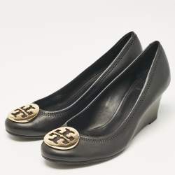 Tory Burch Black Leather Sally Wedge Pumps Size 38.5