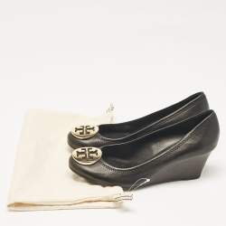 Tory Burch Black Leather Sally Wedge Pumps Size 38.5