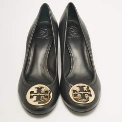 Tory Burch Black Leather Sally Wedge Pumps Size 38.5