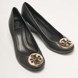 Tory Burch Black Leather Sally Wedge Pumps Size 38.5