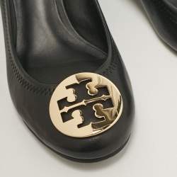 Tory Burch Black Leather Sally Wedge Pumps Size 38.5