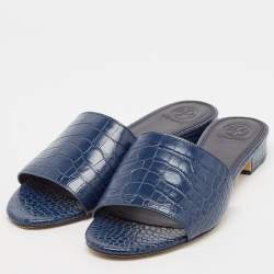 Pre Owned Tory Burch Blue Embossed Crocodile Martine Slides Size 39.5 