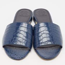 Pre Owned Tory Burch Blue Embossed Crocodile Martine Slides Size 39.5 