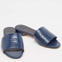Pre Owned Tory Burch Blue Embossed Crocodile Martine Slides Size 39.5 