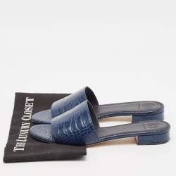 Pre Owned Tory Burch Blue Embossed Crocodile Martine Slides Size 39.5 