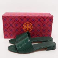 Pre Owned Tory Burch Green Croc Embossed Leather Flat Slides Size 39