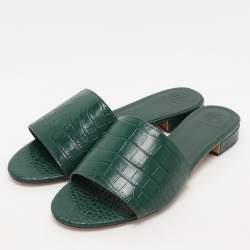 Pre Owned Tory Burch Green Croc Embossed Leather Flat Slides Size 39
