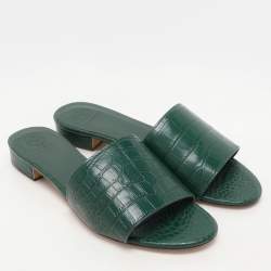Pre Owned Tory Burch Green Croc Embossed Leather Flat Slides Size 39