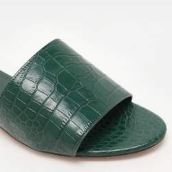 Pre Owned Tory Burch Green Croc Embossed Leather Flat Slides Size 39