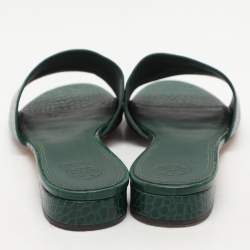 Pre Owned Tory Burch Green Croc Embossed Leather Flat Slides Size 39