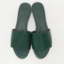 Pre Owned Tory Burch Green Croc Embossed Leather Flat Slides Size 39