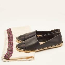 Tory Burch Black Leather Logo Cap Toe Espadrille Flats Size 39