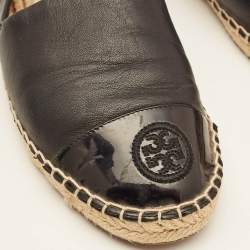Tory Burch Black Leather Logo Cap Toe Espadrille Flats Size 39