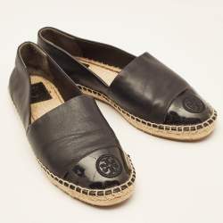 Tory Burch Black Leather Logo Cap Toe Espadrille Flats Size 39