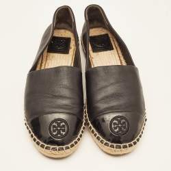 Tory Burch Black Leather Logo Cap Toe Espadrille Flats Size 39