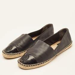 Tory Burch Black Leather Logo Cap Toe Espadrille Flats Size 39