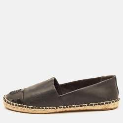 Tory Burch Black Leather Logo Cap Toe Espadrille Flats Size 39