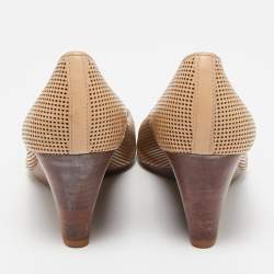 Pre Owned Tory Burch Beige Leather Jade Peep Toe Wedge Pumps Size 37