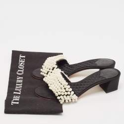 Tory Burch Black Satin Faux Pearl Embellished Slide Sandals Size 36.5