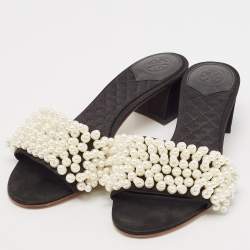 Tory Burch Black Satin Faux Pearl Embellished Slide Sandals Size 36.5