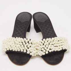 Tory Burch Black Satin Faux Pearl Embellished Slide Sandals Size 36.5