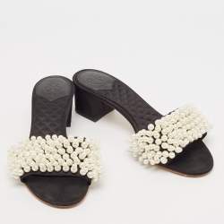 Tory Burch Black Satin Faux Pearl Embellished Slide Sandals Size 36.5