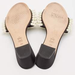 Tory Burch Black Satin Faux Pearl Embellished Slide Sandals Size 36.5