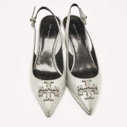 Tory Burch Silver Glitter Eleanor Slingback Pumps Size 38