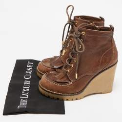 Tory Burch Brown Leather Fringe Detail Wedge Derby Ankle Boots Size 38.5