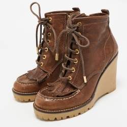 Tory Burch Brown Leather Fringe Detail Wedge Derby Ankle Boots Size 38.5