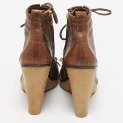 Tory Burch Brown Leather Fringe Detail Wedge Derby Ankle Boots Size 38.5